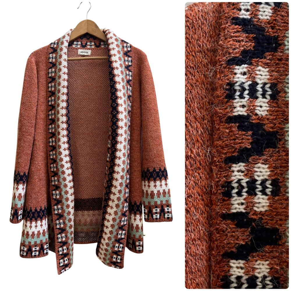 Adora Knit Tribal Border Print Shawl Collar Open Long Cardigan S/M Boho Western